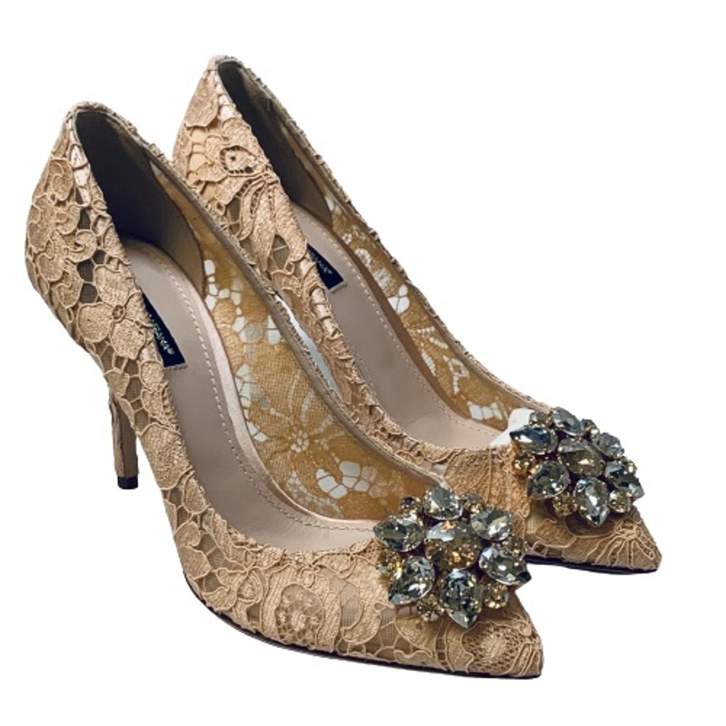 DOLCE & GABBANA Beige Floral Lace Hi-Heel Pointed Toe Crystal Flower UK 5.5 NEW