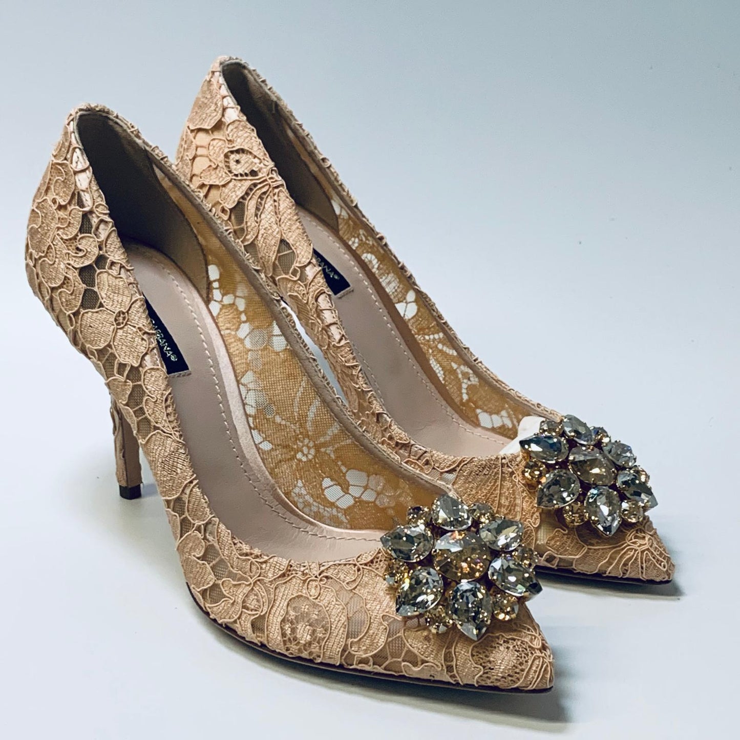 DOLCE & GABBANA Beige Floral Lace Hi-Heel Pointed Toe Crystal Flower UK 5.5 NEW