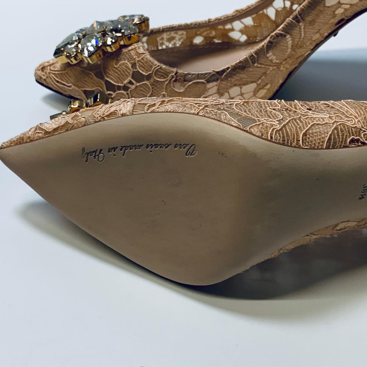 DOLCE & GABBANA Beige Floral Lace Hi-Heel Pointed Toe Crystal Flower UK 5.5 NEW