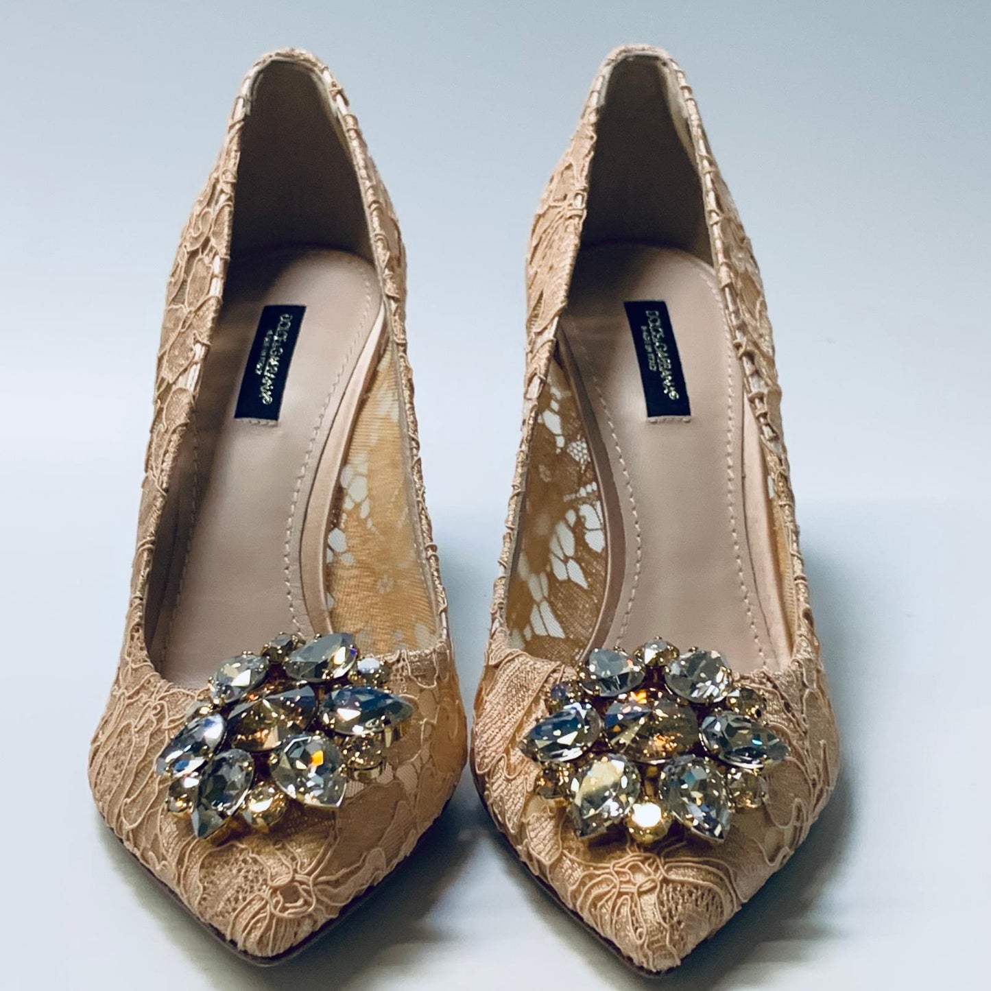 DOLCE & GABBANA Beige Floral Lace Hi-Heel Pointed Toe Crystal Flower UK 5.5 NEW