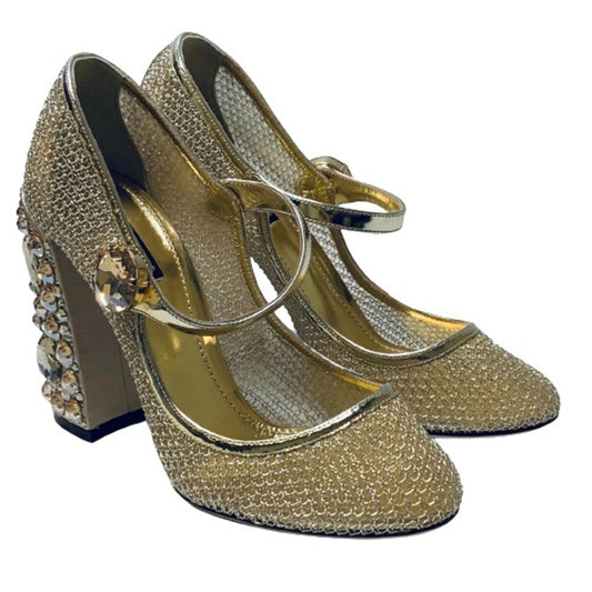 DOLCE & GABBANA Gold Block Heel Encrusted Crystal Metallic Mesh Heels UK 7 NEW