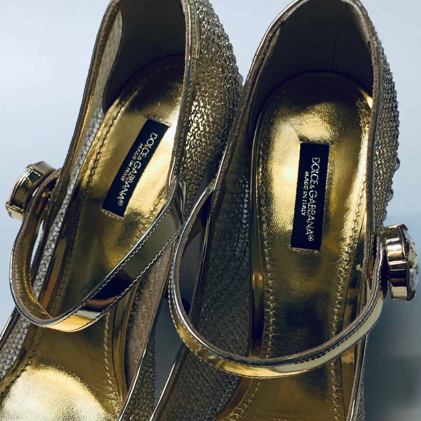 DOLCE & GABBANA Gold Block Heel Encrusted Crystal Metallic Mesh Heels UK 7 NEW
