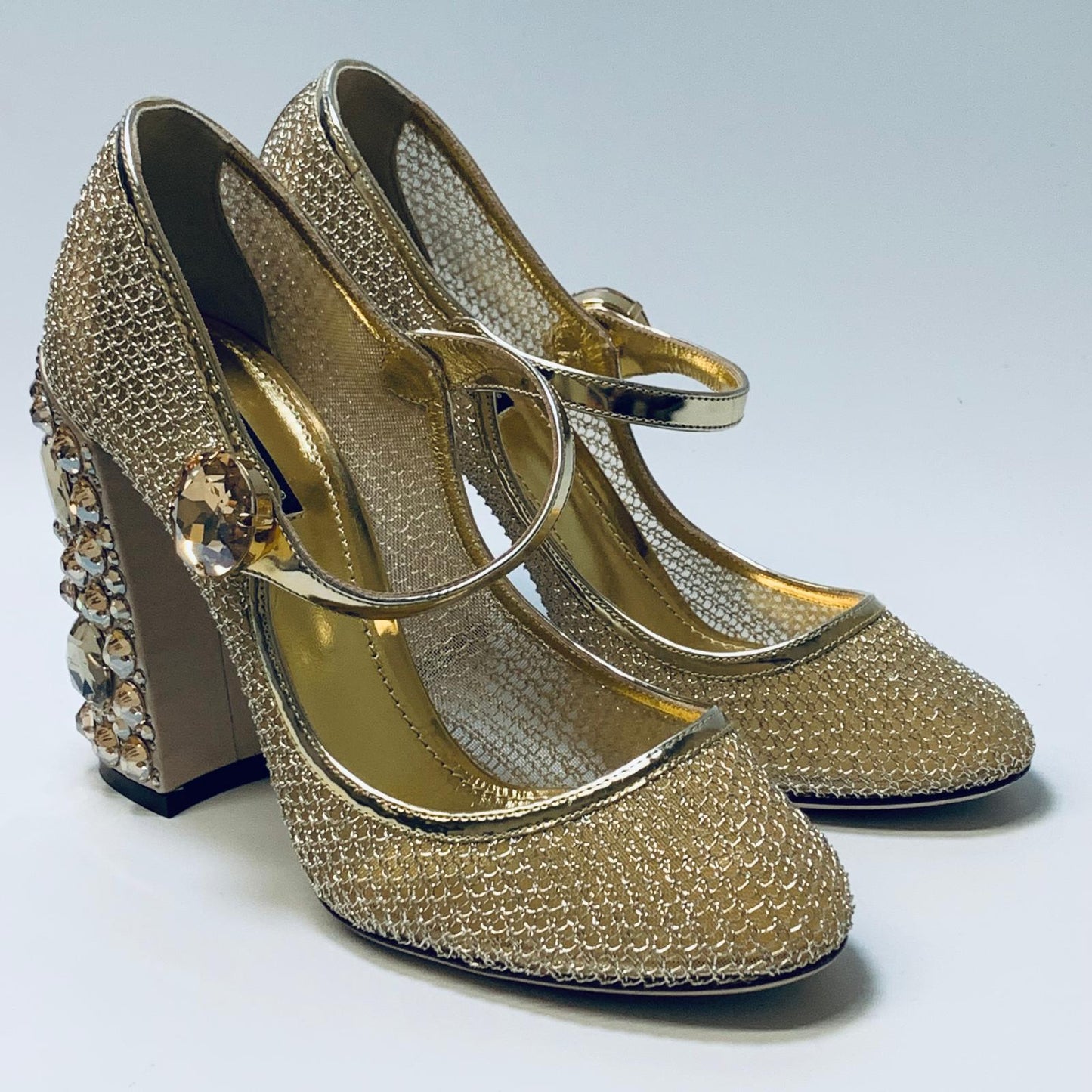 DOLCE & GABBANA Gold Block Heel Encrusted Crystal Metallic Mesh Heels UK 7 NEW