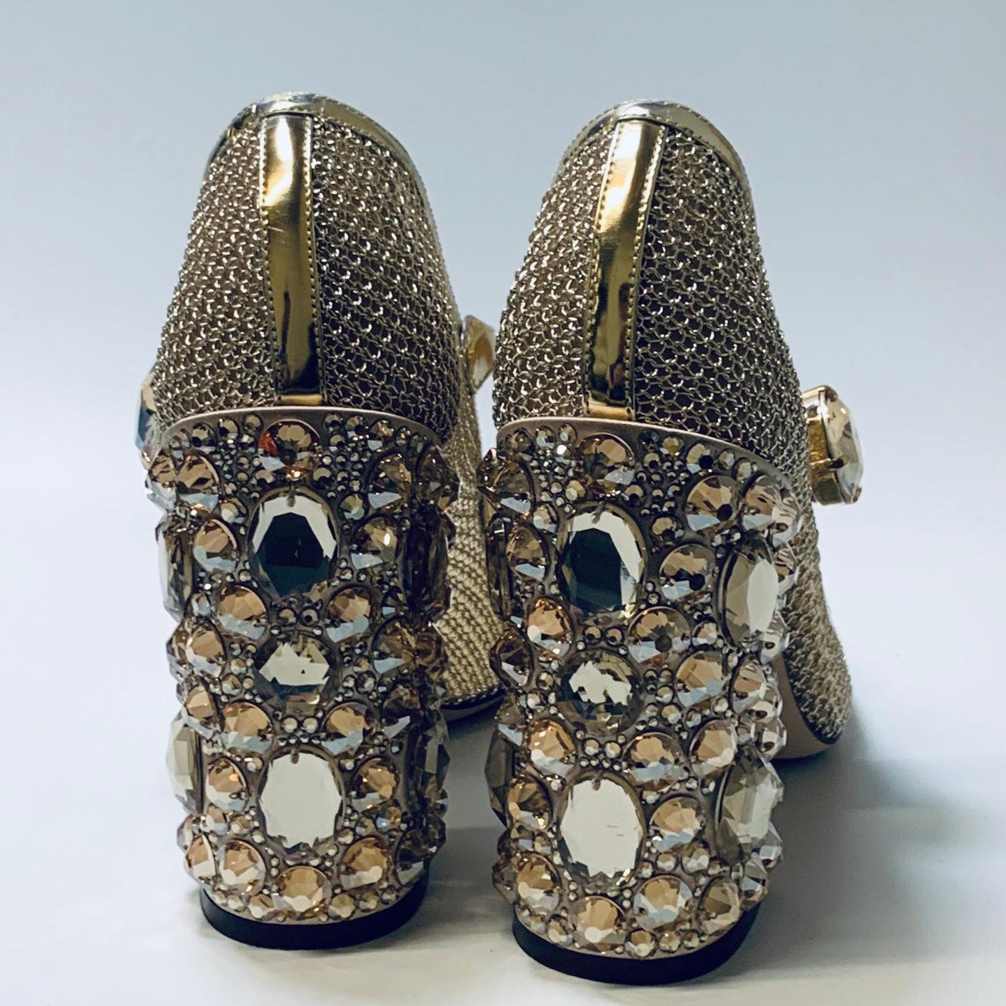 DOLCE & GABBANA Gold Block Heel Encrusted Crystal Metallic Mesh Heels UK 7 NEW