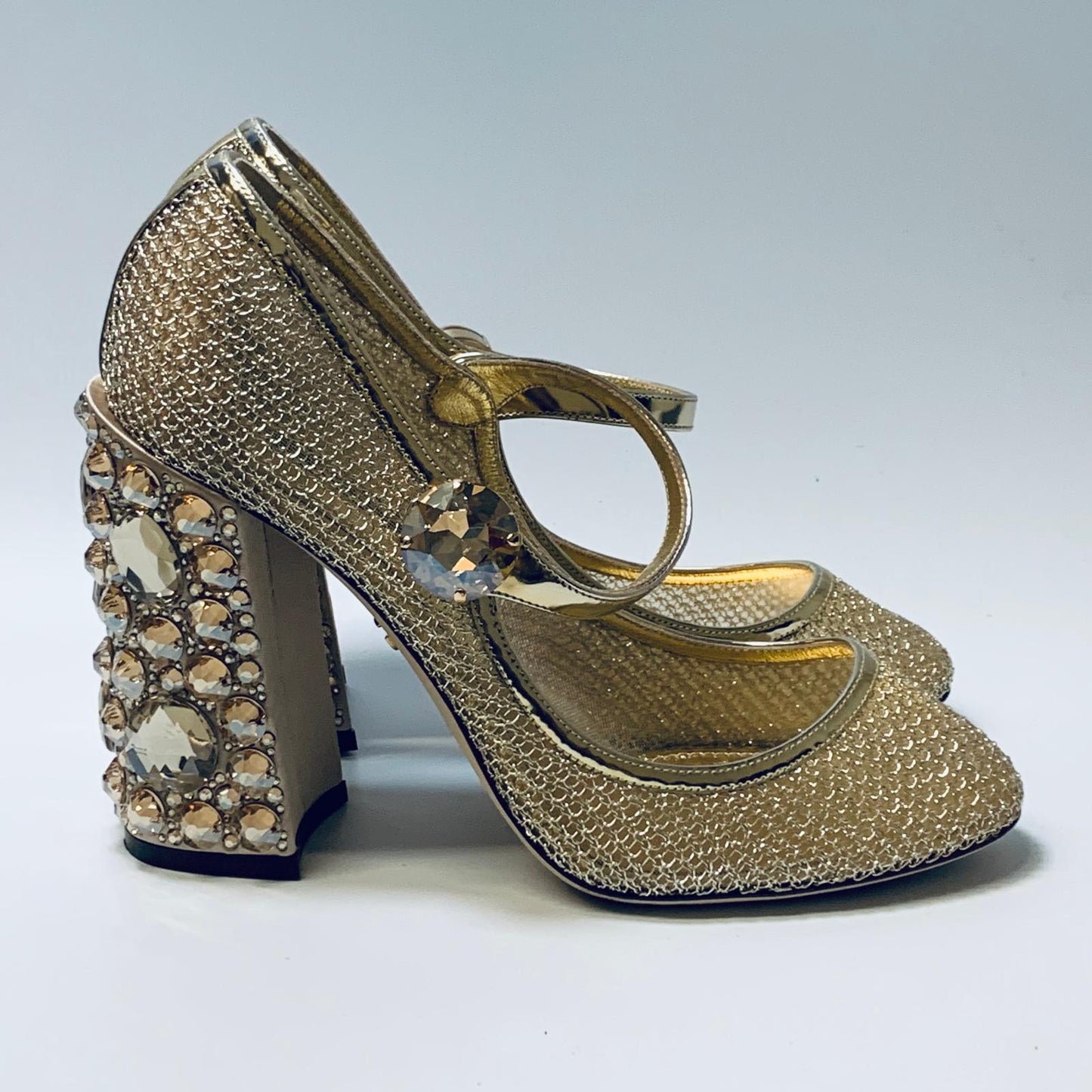 DOLCE & GABBANA Gold Block Heel Encrusted Crystal Metallic Mesh Heels UK 7 NEW