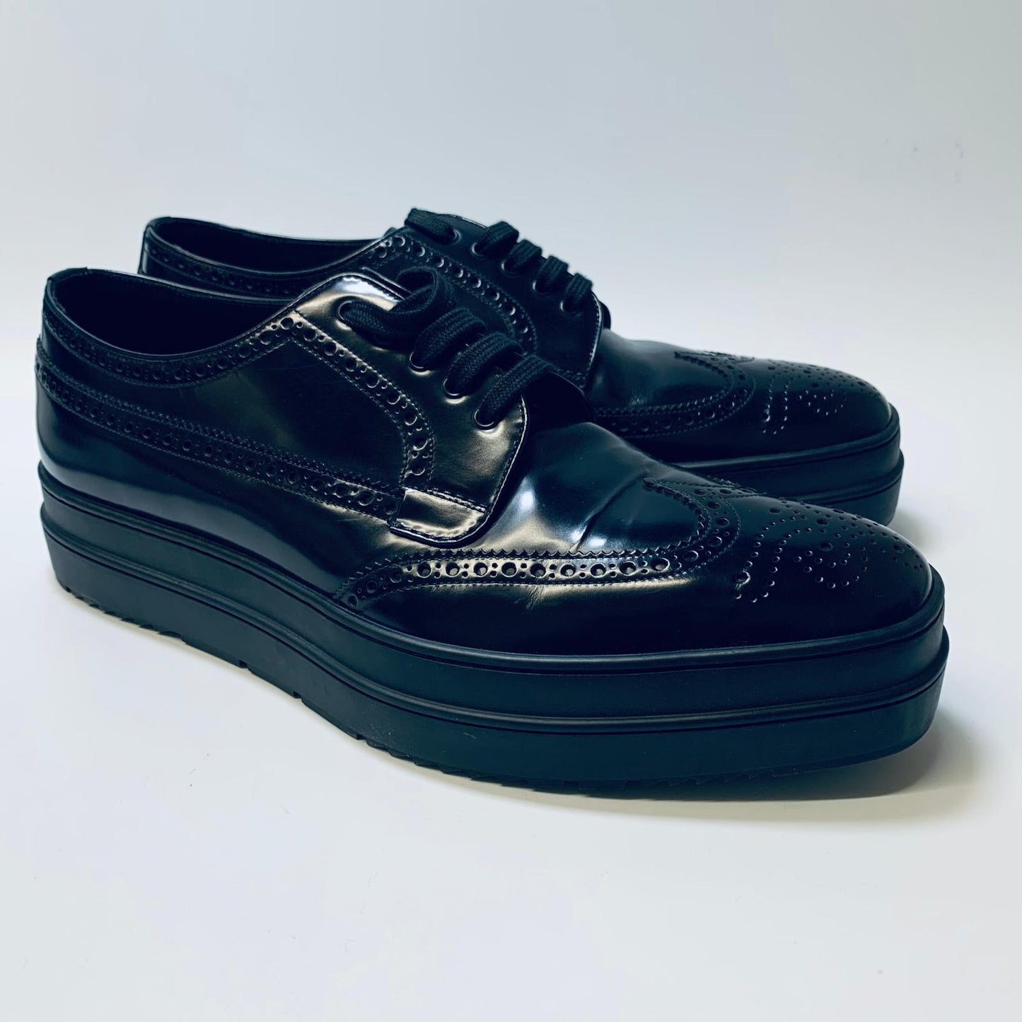 PRADA Black Wingtip Thick Sole Men's Brogue Dress Shoes Size UK 9 NEW