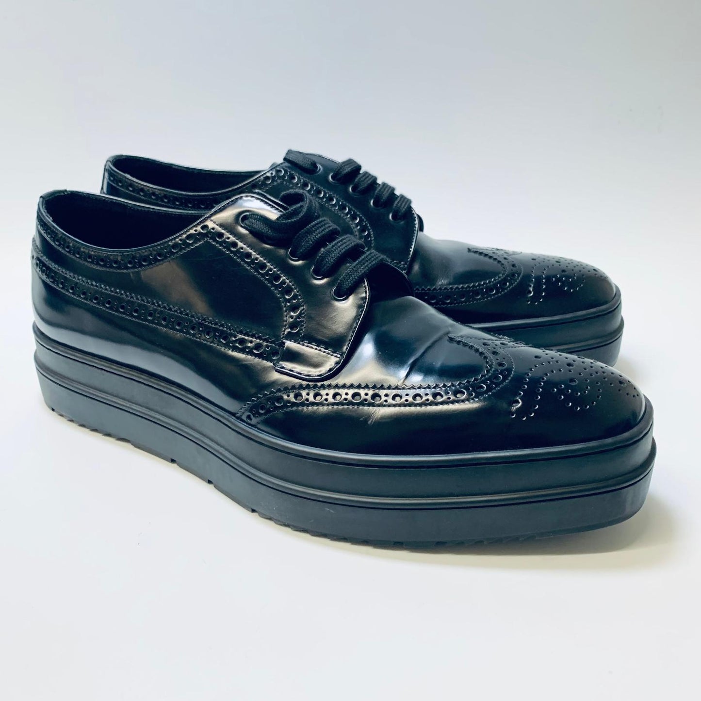 PRADA Black Wingtip Thick Sole Men's Brogue Dress Shoes Size UK 9 NEW