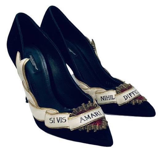 DOLCE & GABBANA Black Velvet Ladies Heels Sacred Heart Banner Shoes UK 7 NEW