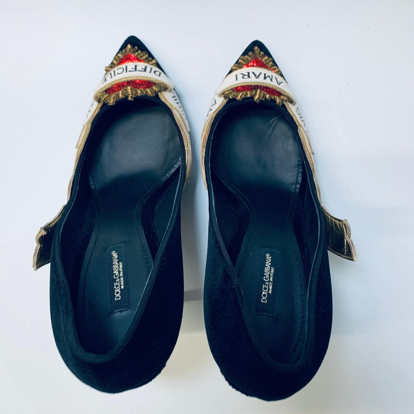 DOLCE & GABBANA Black Velvet Ladies Heels Sacred Heart Banner Shoes UK 7 NEW