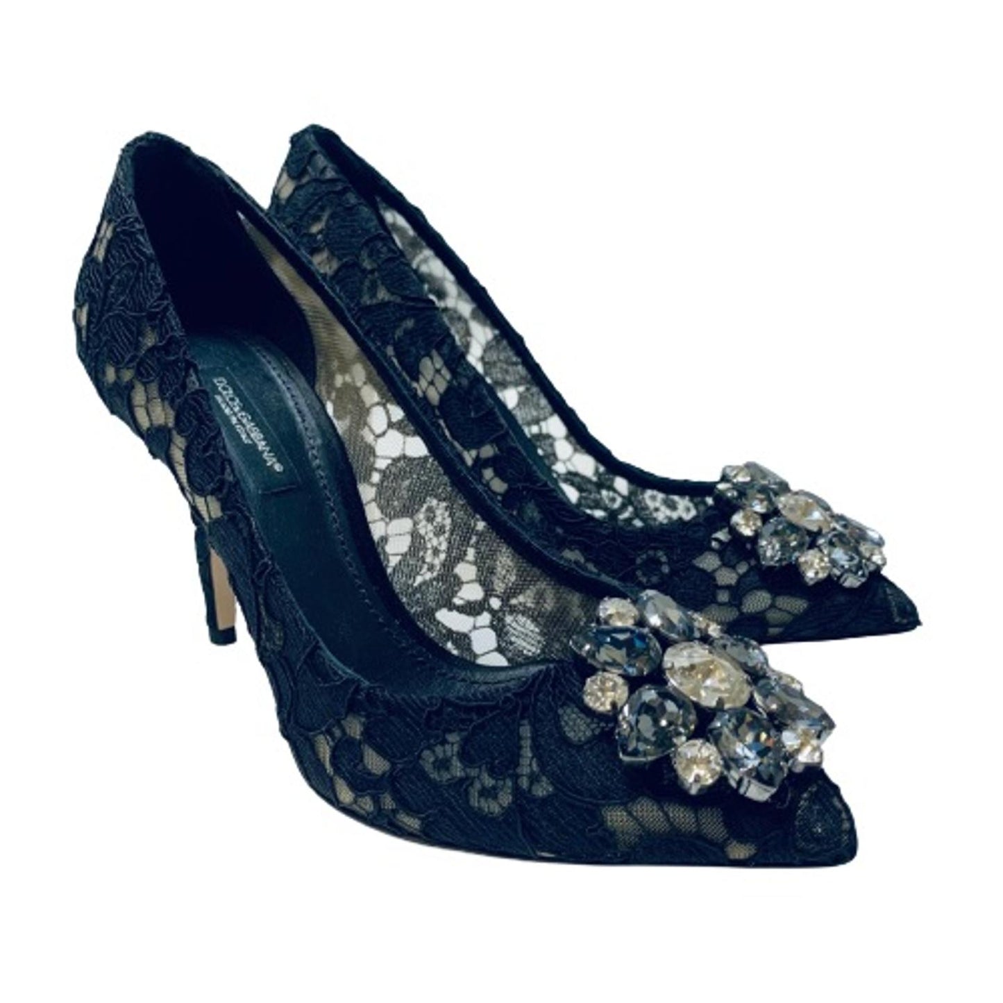 DOLCE & GABBANA Black Lace Ladies Court Crystal Flower High Heels UK3 NEW