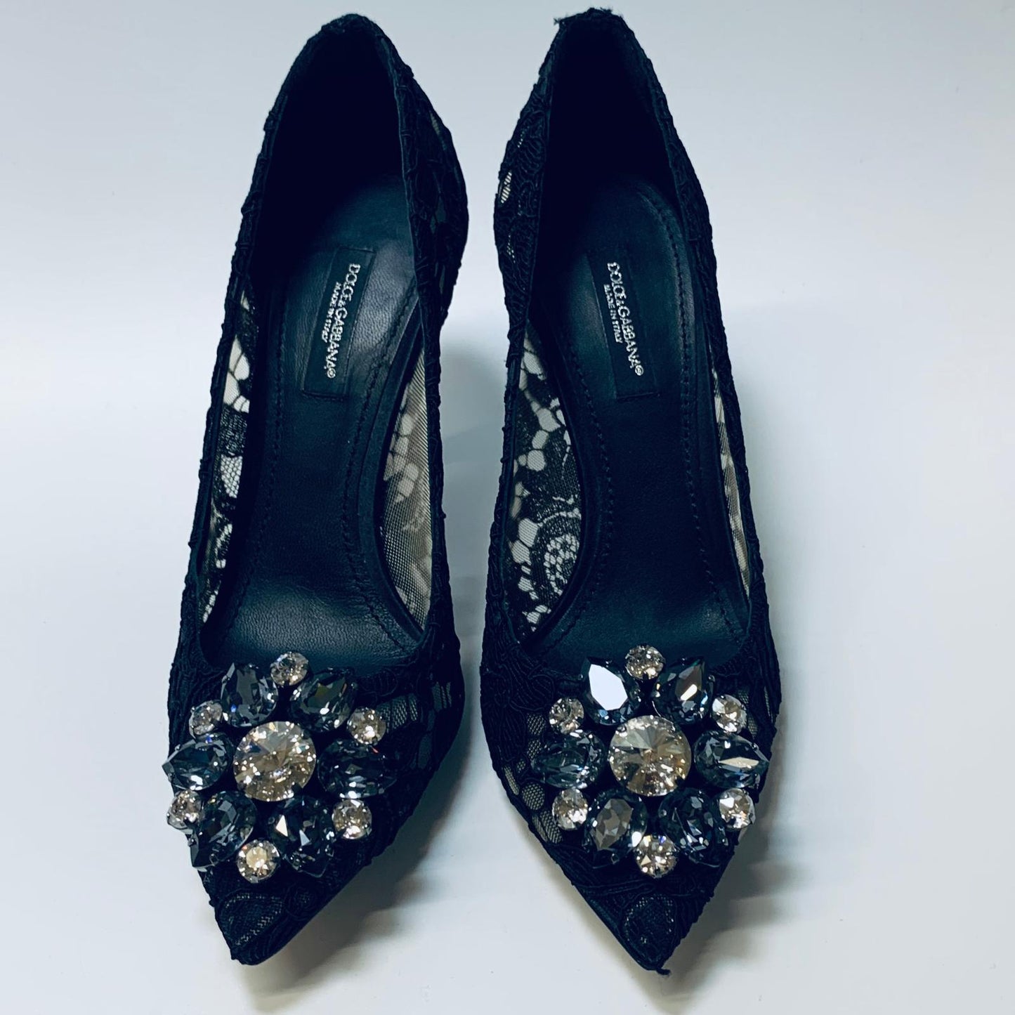 DOLCE & GABBANA Black Lace Ladies Court Crystal Flower High Heels UK3 NEW