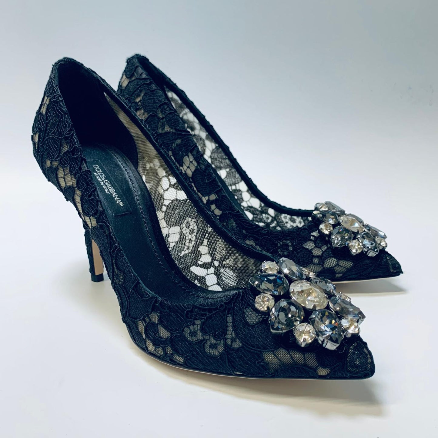 DOLCE & GABBANA Black Lace Ladies Court Crystal Flower High Heels UK3 NEW