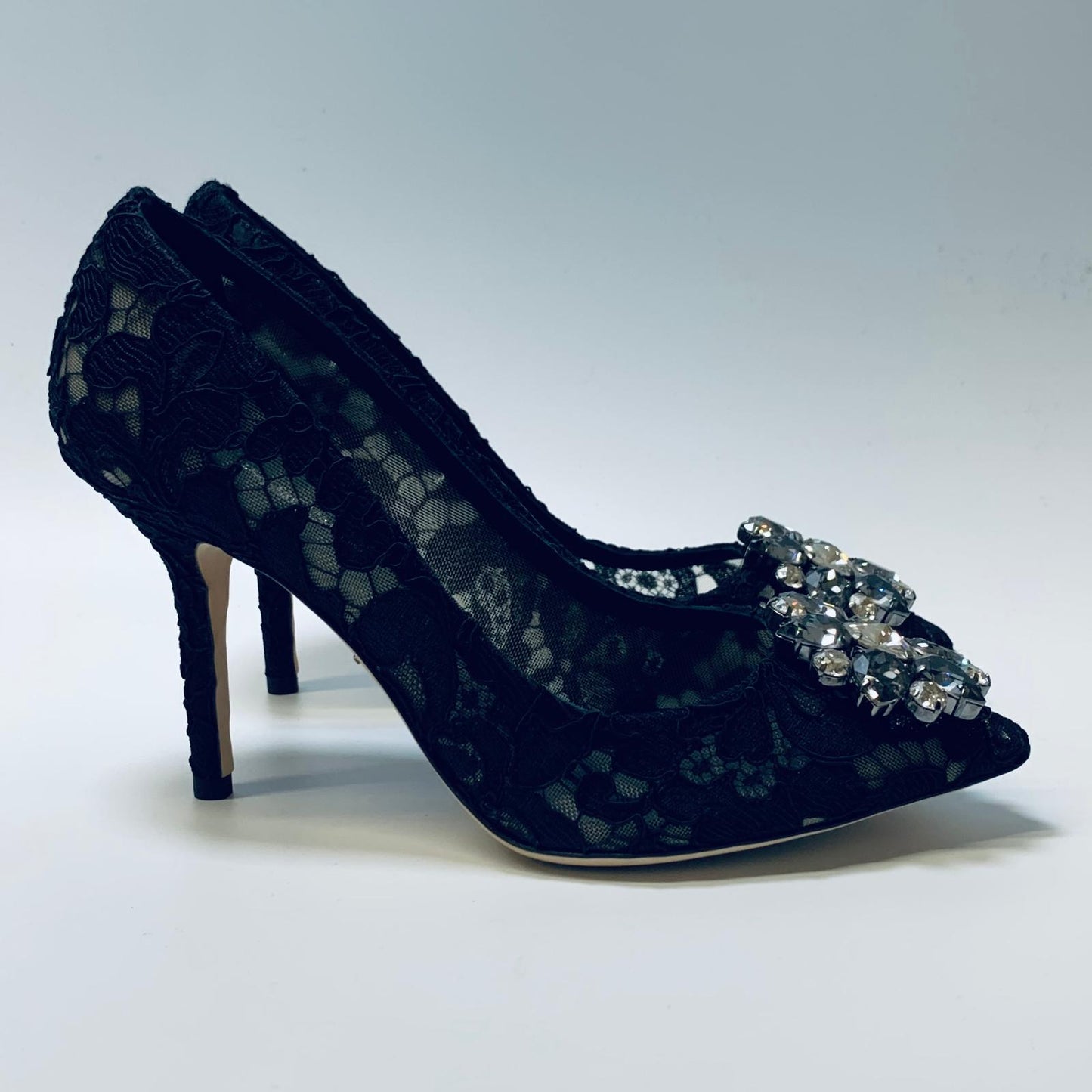 DOLCE & GABBANA Black Lace Ladies Court Crystal Flower High Heels UK3 NEW