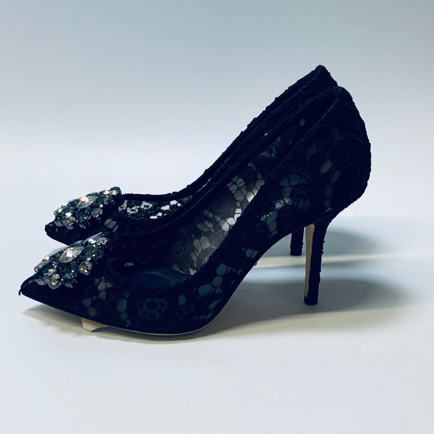 DOLCE & GABBANA Black Lace Ladies Court Crystal Flower High Heels UK3 NEW