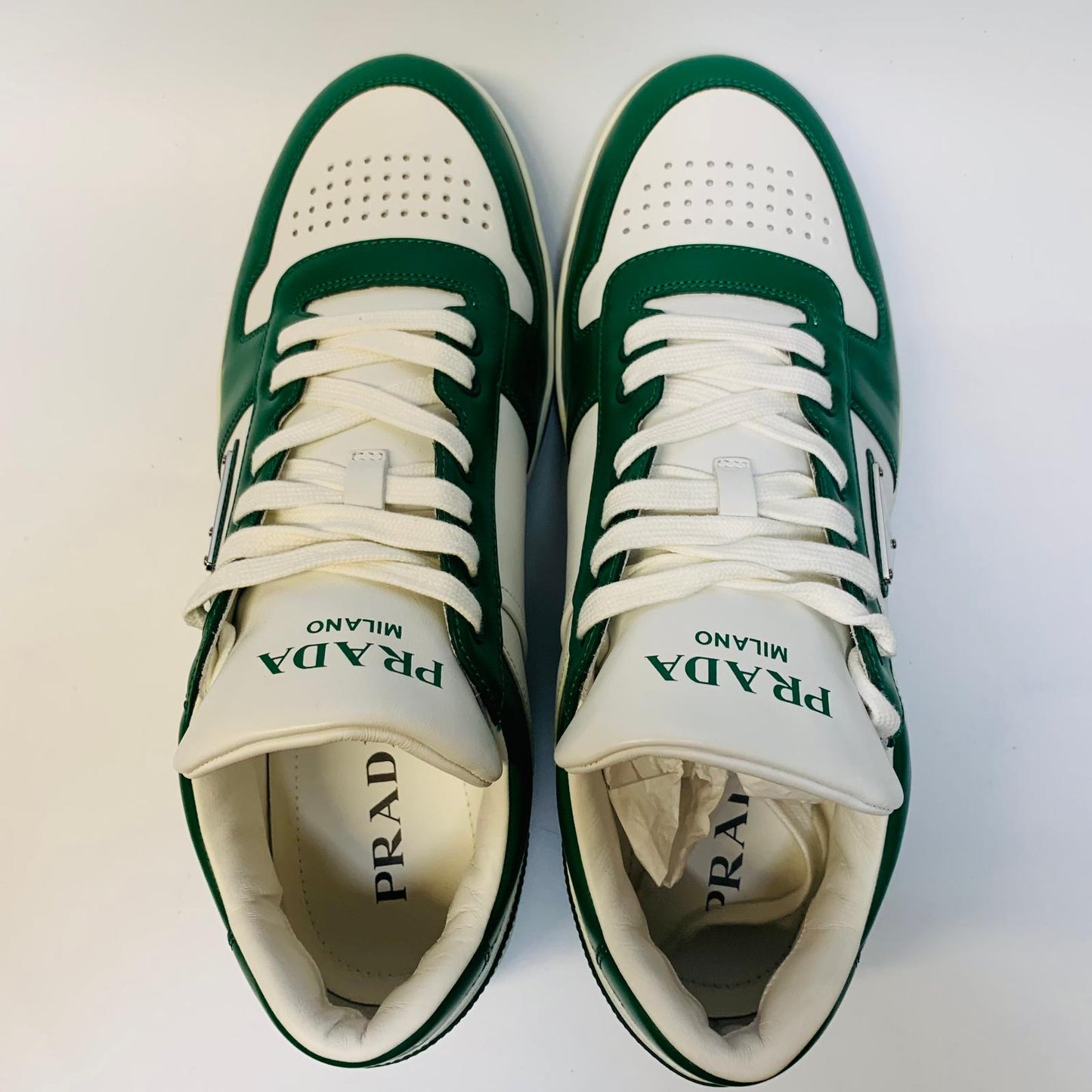 PRADA Green Accent Men's Downtown Classic White Lace Sneaker Trainer UK 12 NEW