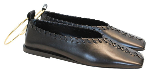 JIL SANDER Ladies Black Whipstitched Square Toe Leather Flat Shoes EU38 UK5 NEW