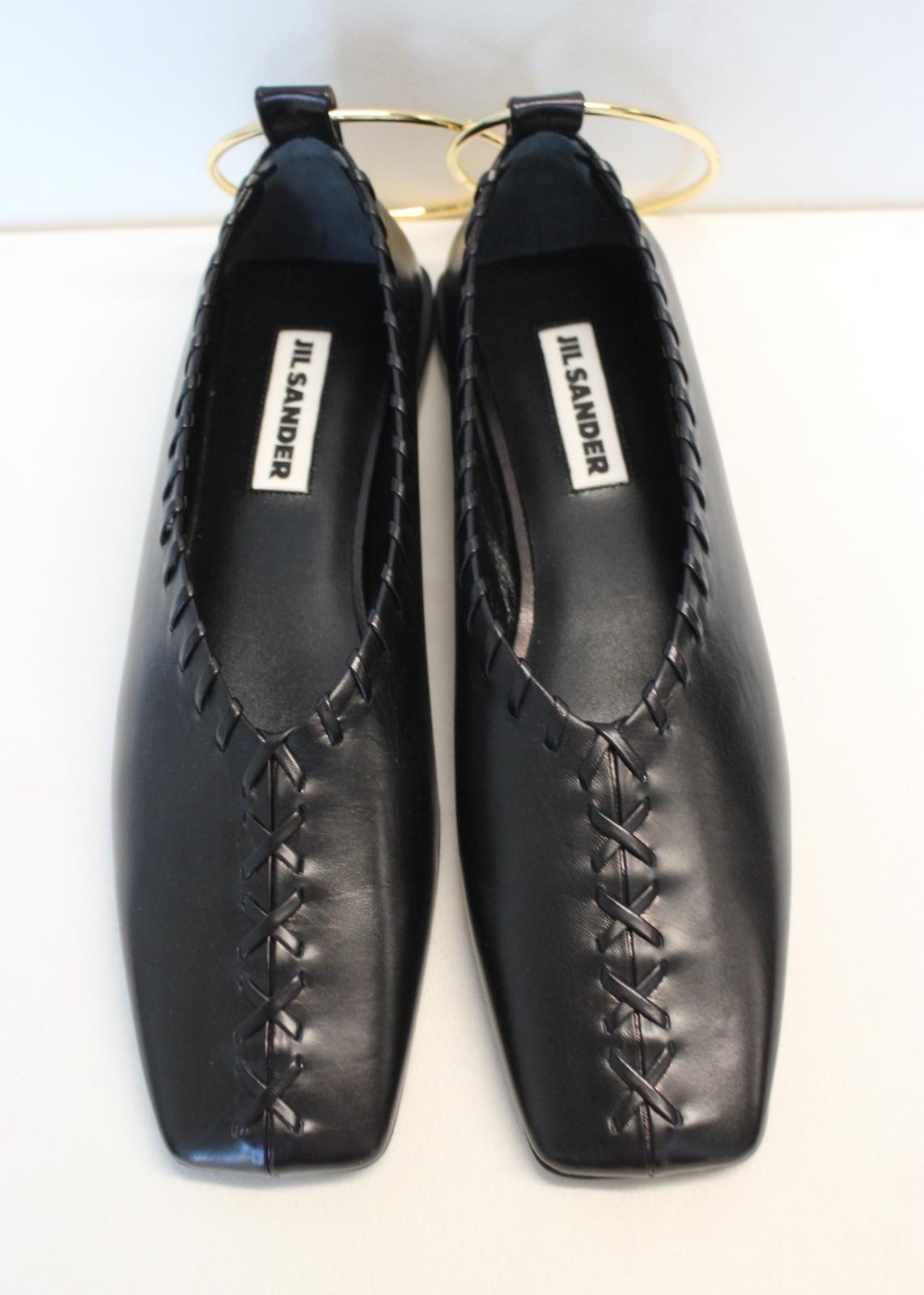 JIL SANDER Ladies Black Whipstitched Square Toe Leather Flat Shoes EU38 UK5 NEW