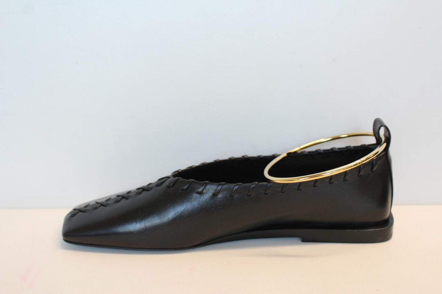 JIL SANDER Ladies Black Whipstitched Square Toe Leather Flat Shoes EU38 UK5 NEW