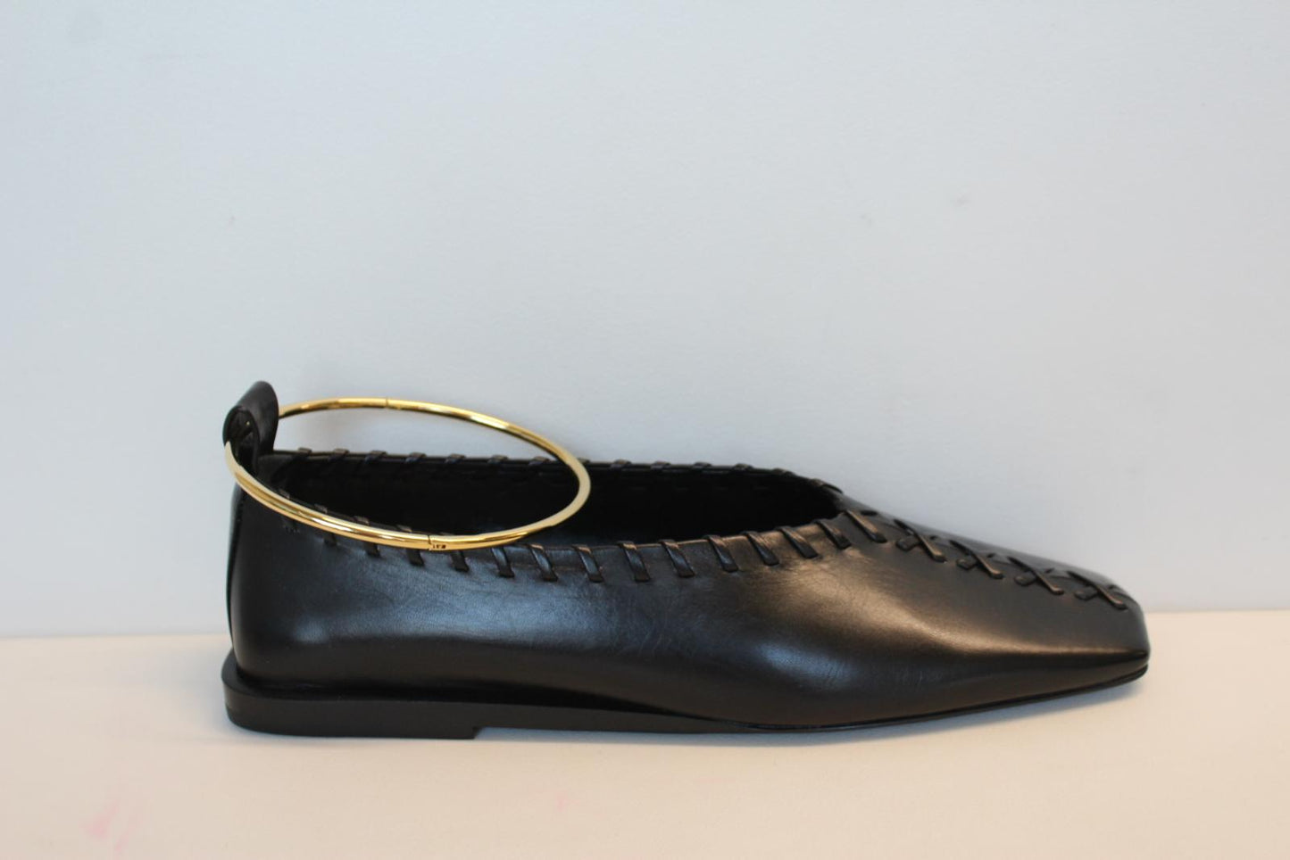 JIL SANDER Ladies Black Whipstitched Square Toe Leather Flat Shoes EU38 UK5 NEW