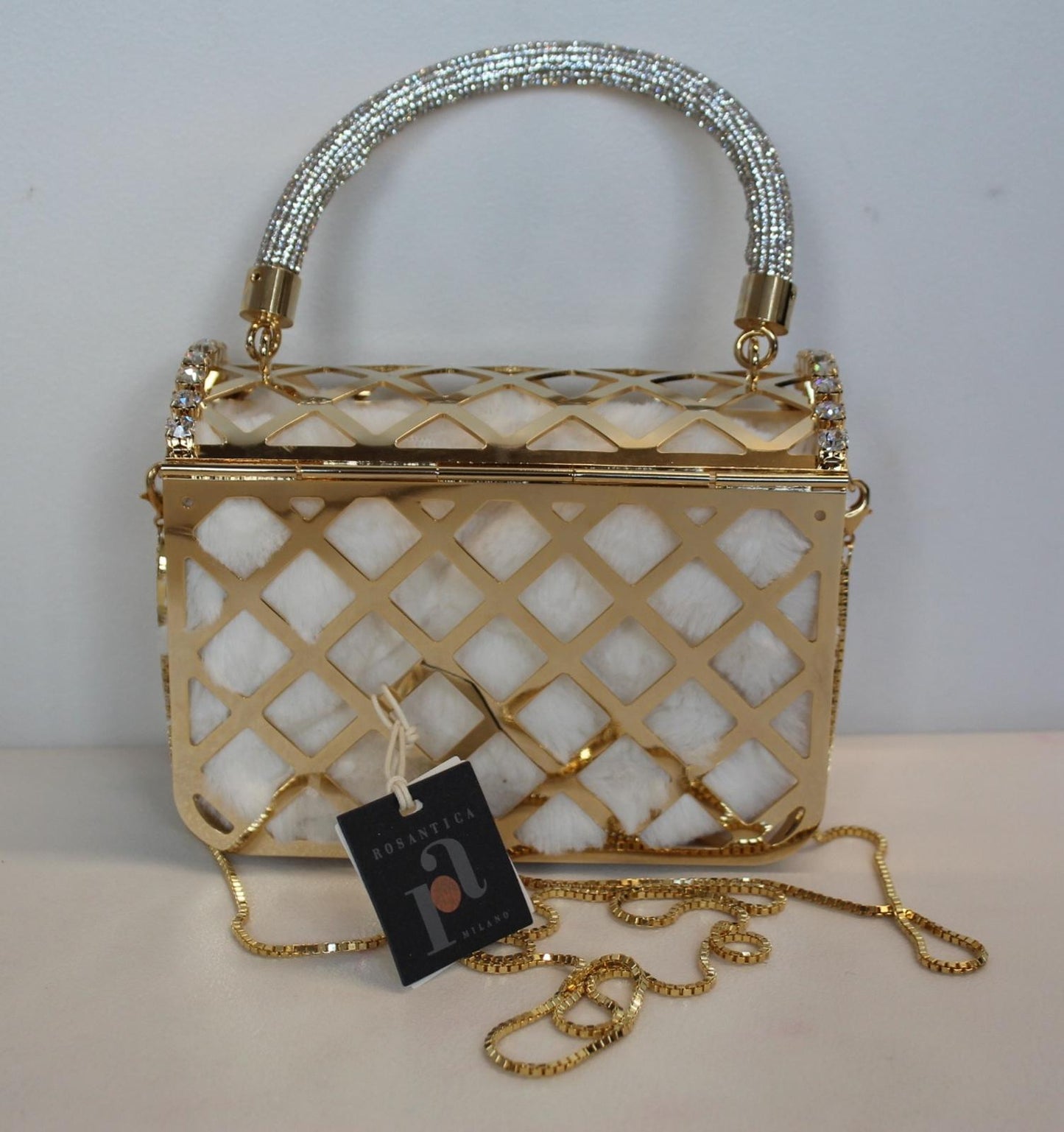 ROSANTICA Ladies Malga Gold Tone Crystal Embellished Fold Over Box Bag NEW