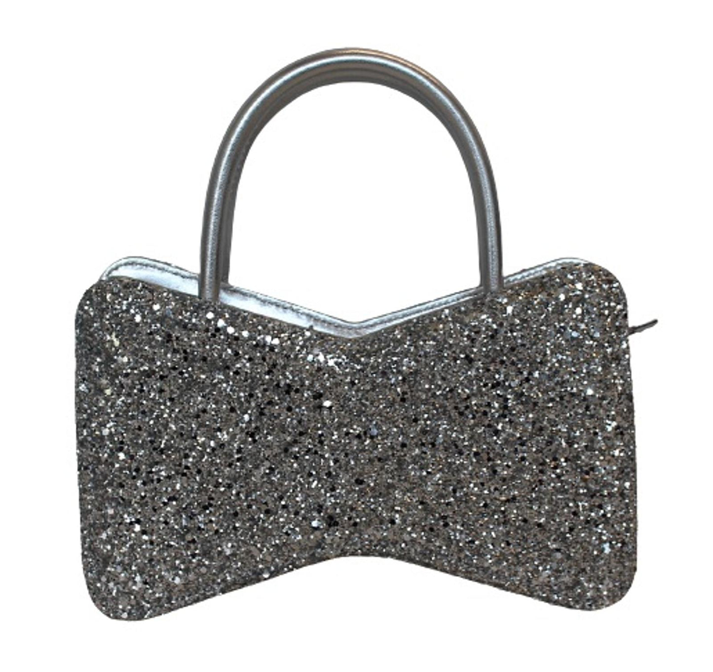 MACH & MACH Ladies Metallic Silver Bow Glitter Top Handles Zip Mini Bag NEW