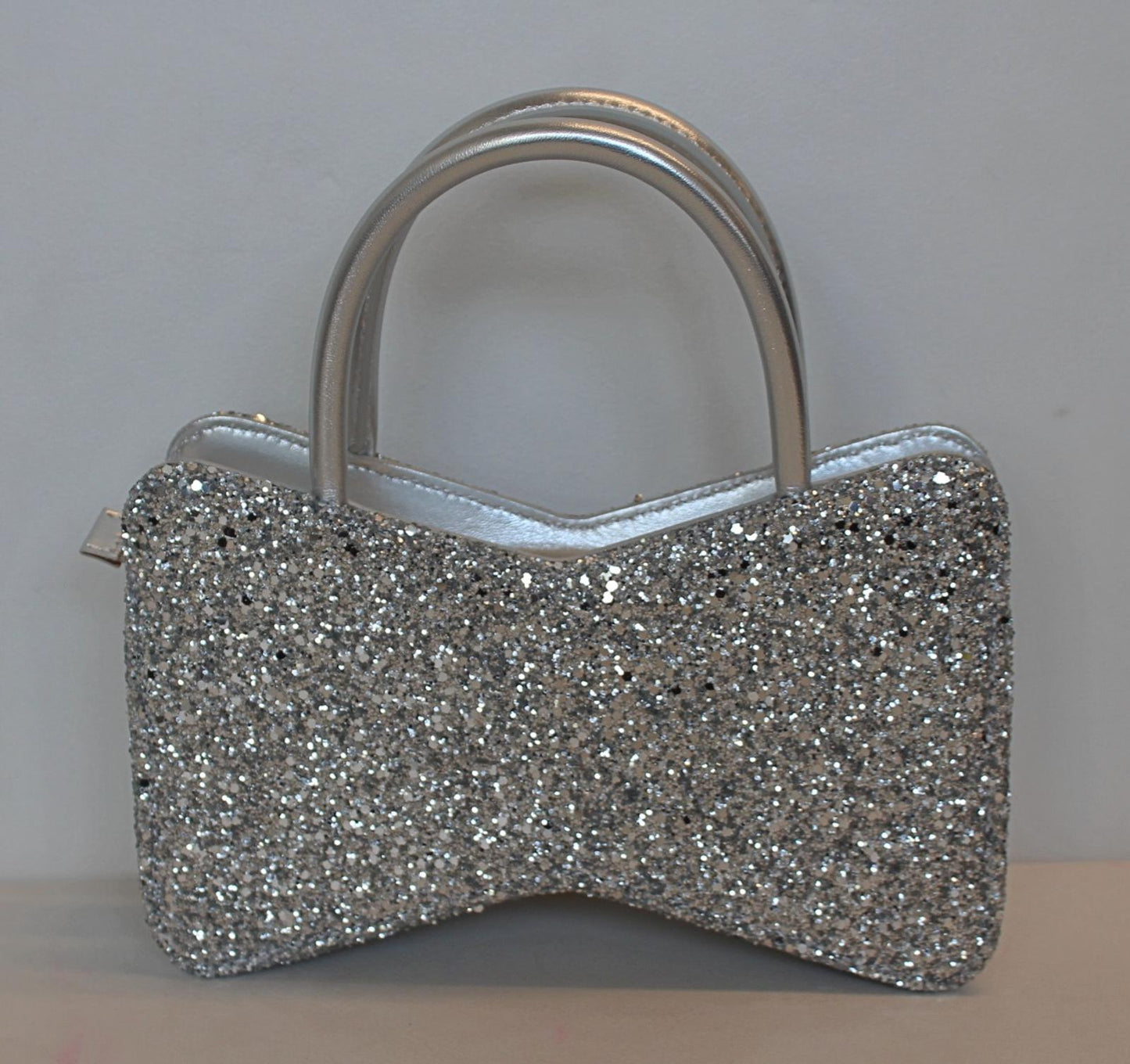 MACH & MACH Ladies Metallic Silver Bow Glitter Top Handles Zip Mini Bag NEW