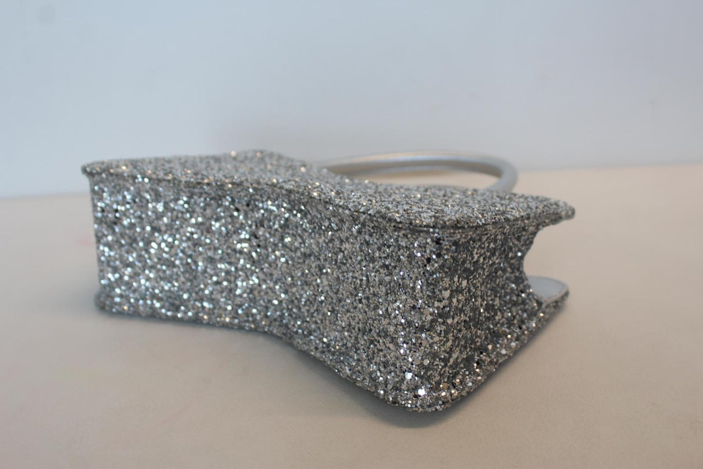 MACH & MACH Ladies Metallic Silver Bow Glitter Top Handles Zip Mini Bag NEW
