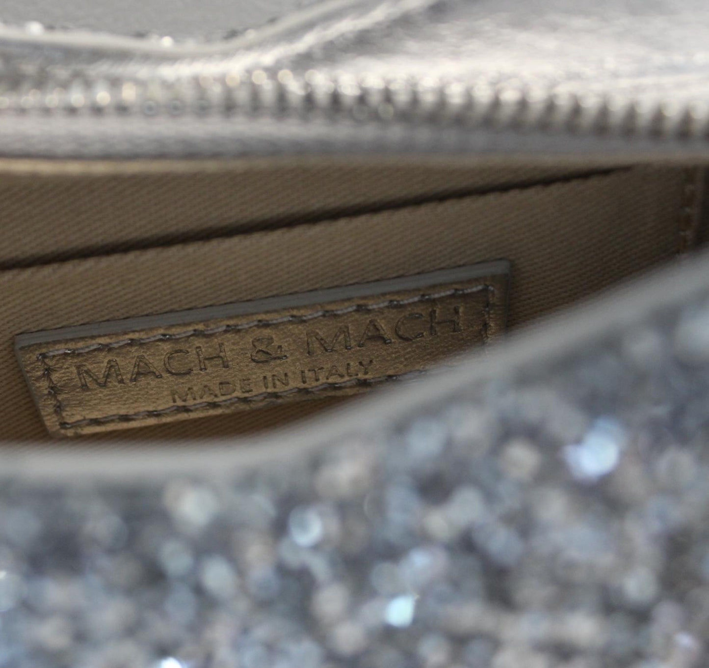 MACH & MACH Ladies Metallic Silver Bow Glitter Top Handles Zip Mini Bag NEW
