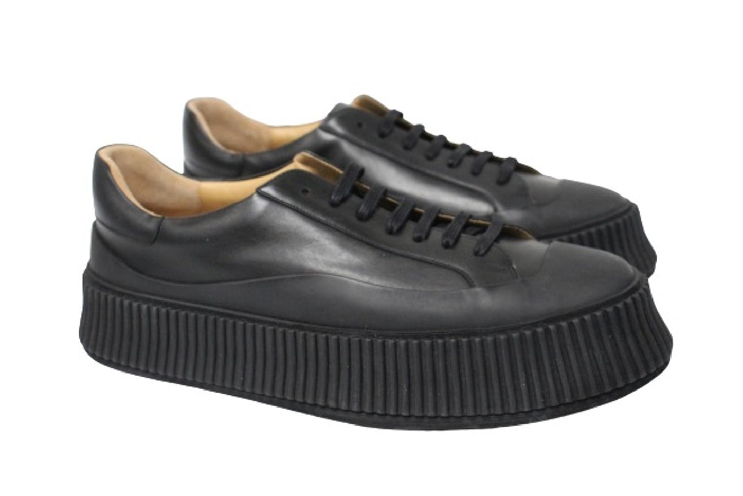 JIL SANDER Men's Black Calf Leather Agnellato Low-Top Sneakers EU44 UK10 NEW