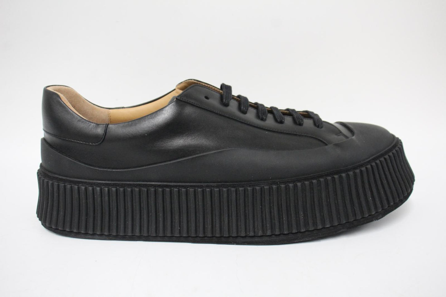 JIL SANDER Men's Black Calf Leather Agnellato Low-Top Sneakers EU44 UK10 NEW