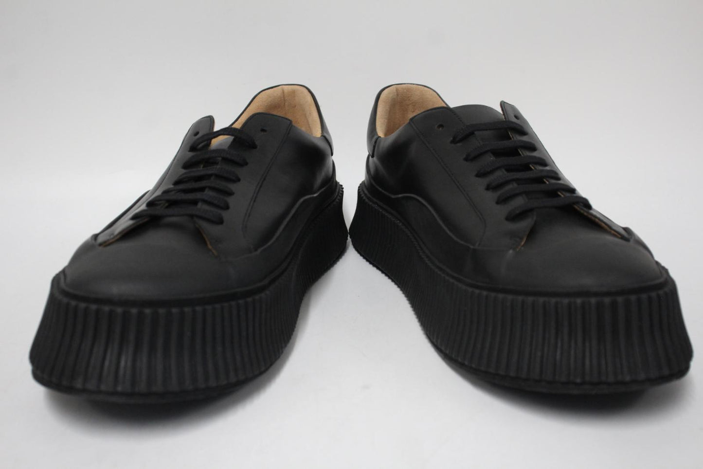 JIL SANDER Men's Black Calf Leather Agnellato Low-Top Sneakers EU44 UK10 NEW