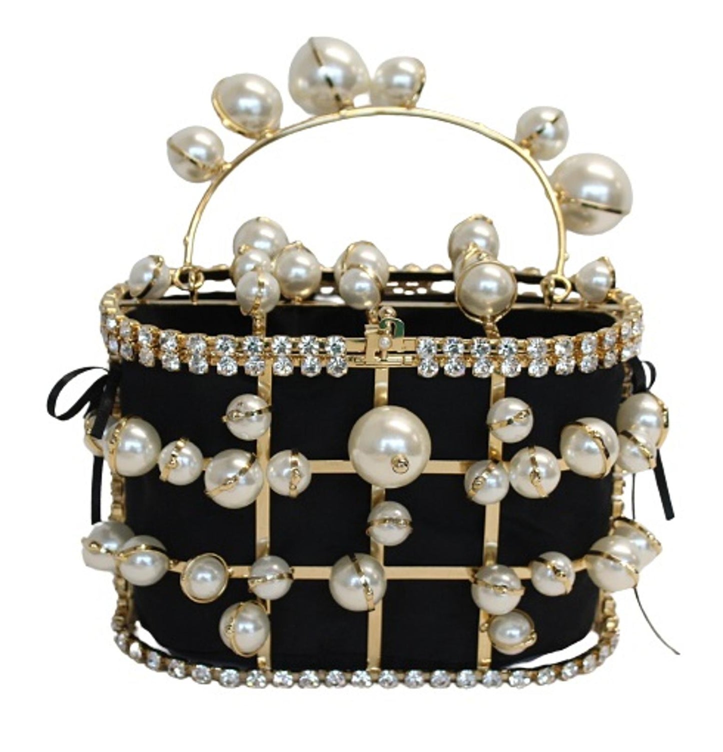 ROSANTICA Ladies Holli Explosion Black Gold Tone Faux Pearl & Crystals Bag NEW
