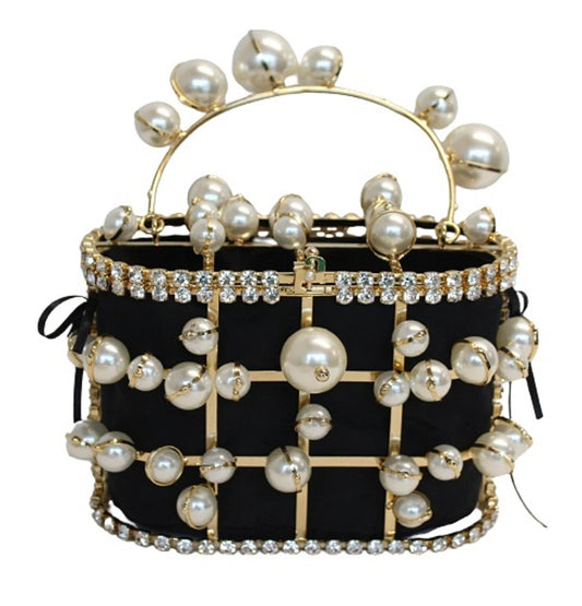 ROSANTICA Ladies Holli Explosion Black Gold Tone Faux Pearl & Crystals Bag NEW