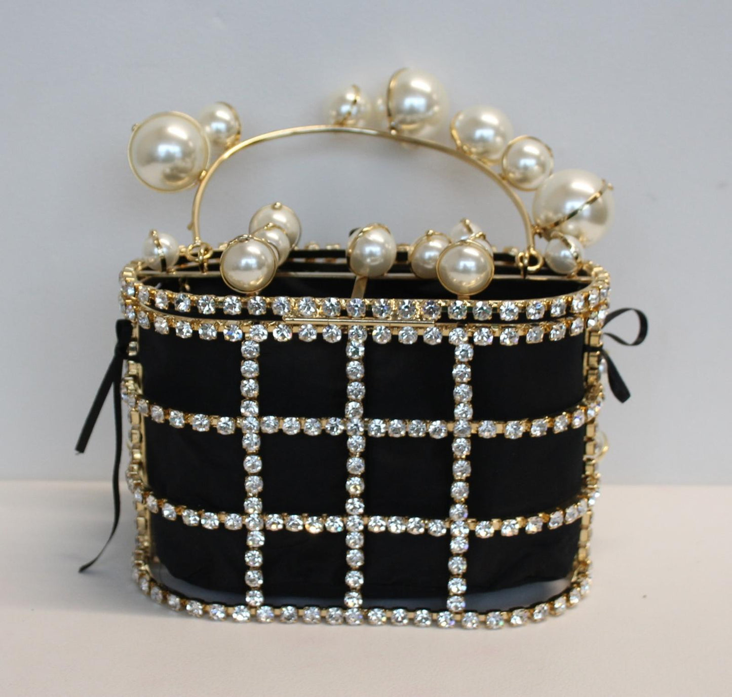 ROSANTICA Ladies Holli Explosion Black Gold Tone Faux Pearl & Crystals Bag NEW
