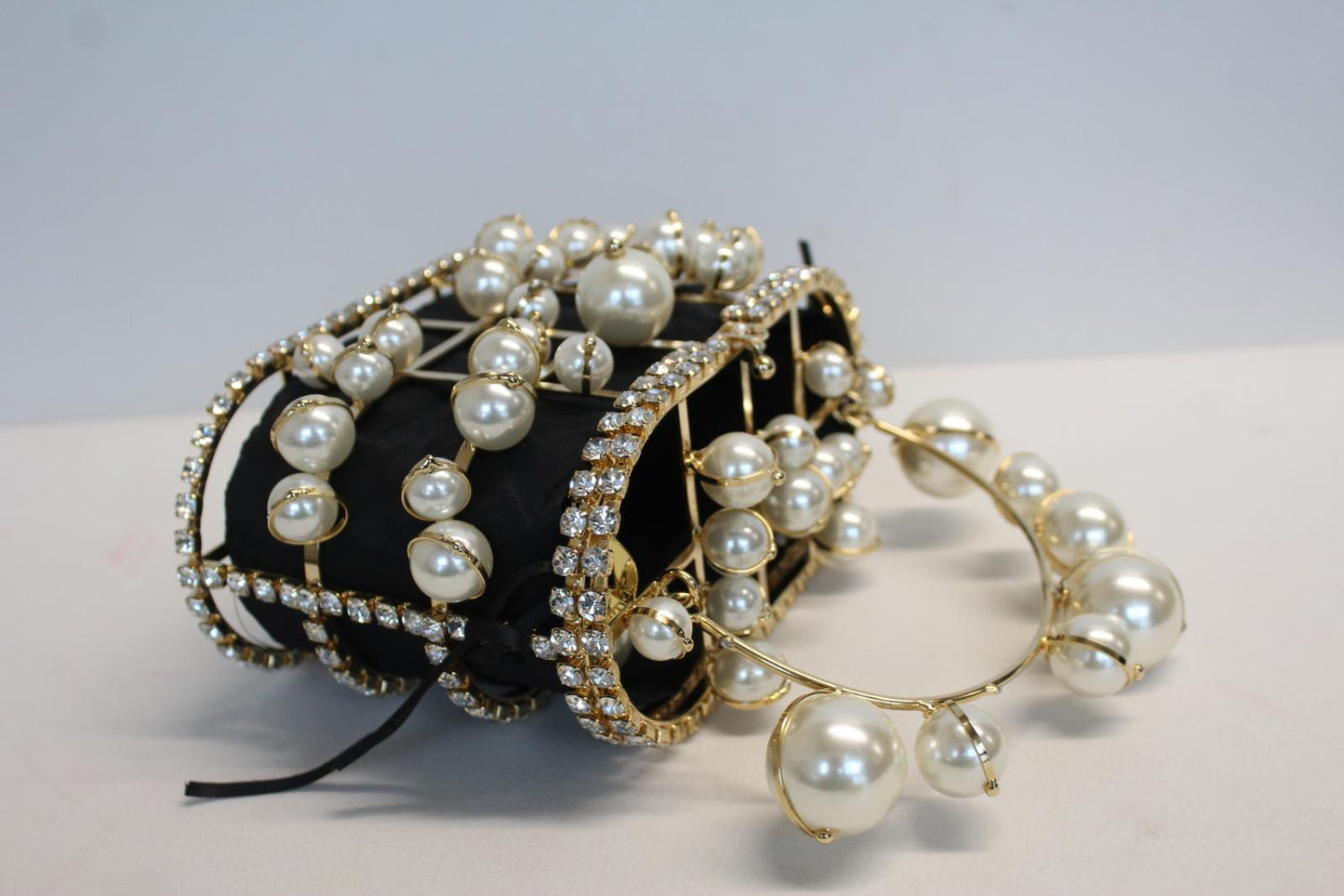 ROSANTICA Ladies Holli Explosion Black Gold Tone Faux Pearl & Crystals Bag NEW