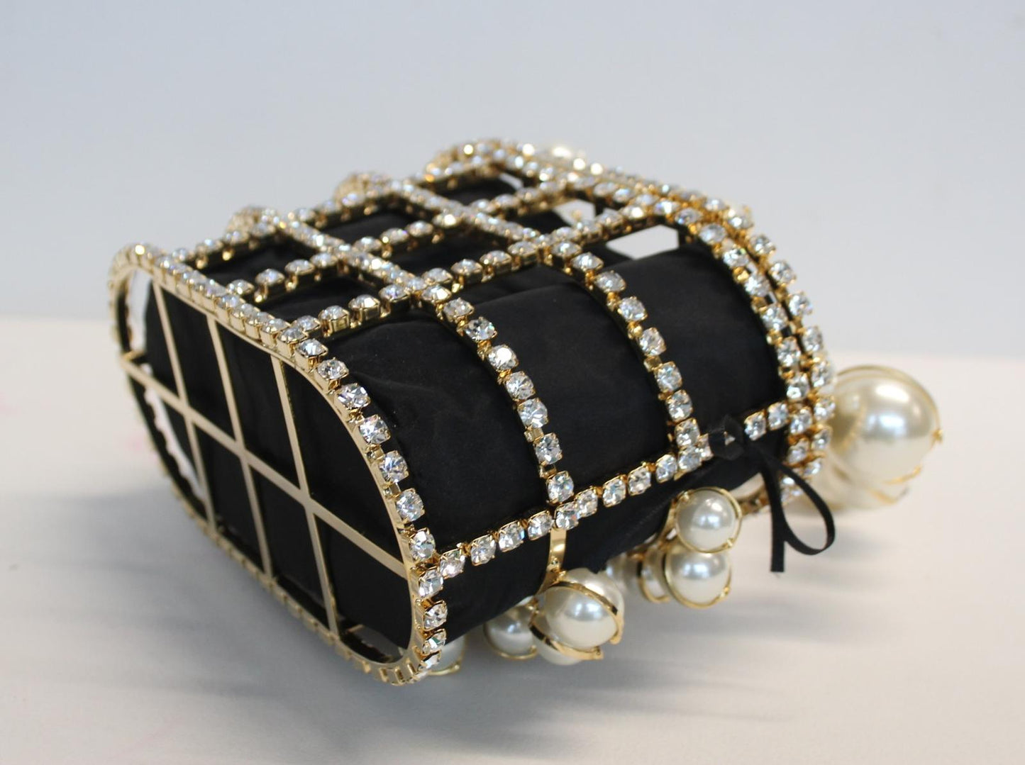 ROSANTICA Ladies Holli Explosion Black Gold Tone Faux Pearl & Crystals Bag NEW