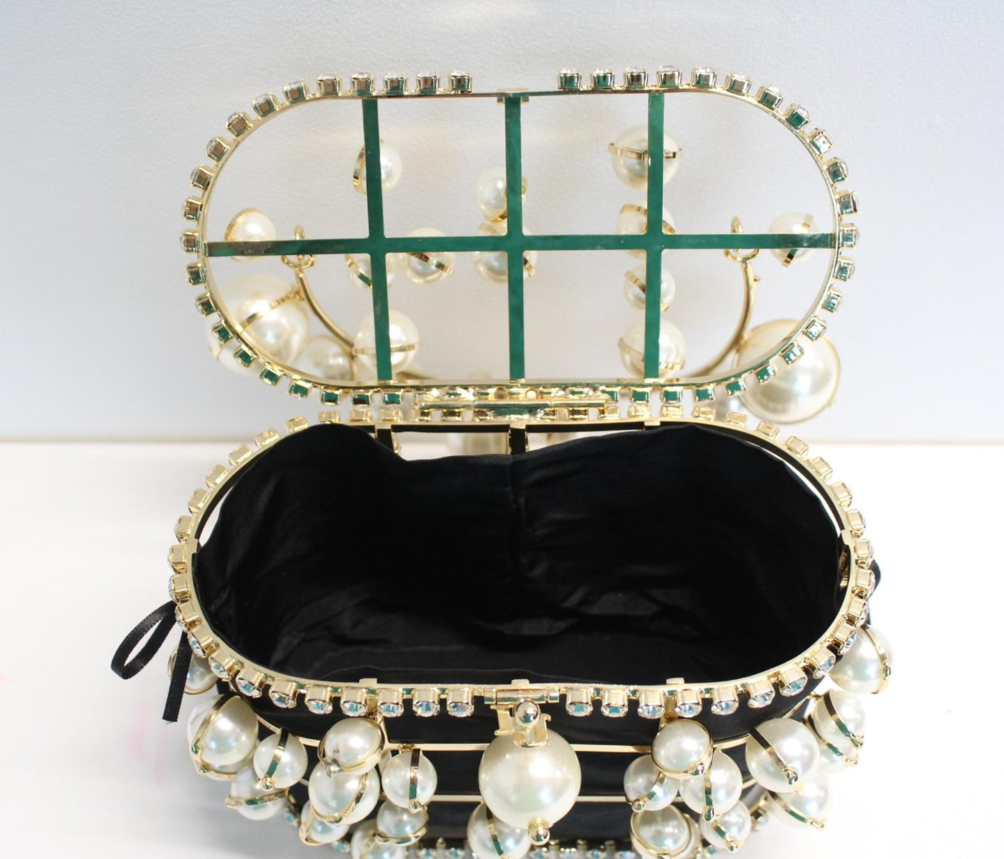ROSANTICA Ladies Holli Explosion Black Gold Tone Faux Pearl & Crystals Bag NEW