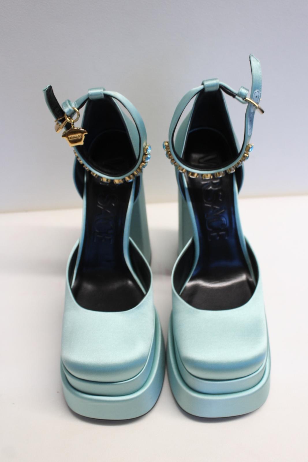 VERSACE Ladies Medusa Aevitas 155 Satin Platform Pumps Light Blue EU37 UK4 NEW
