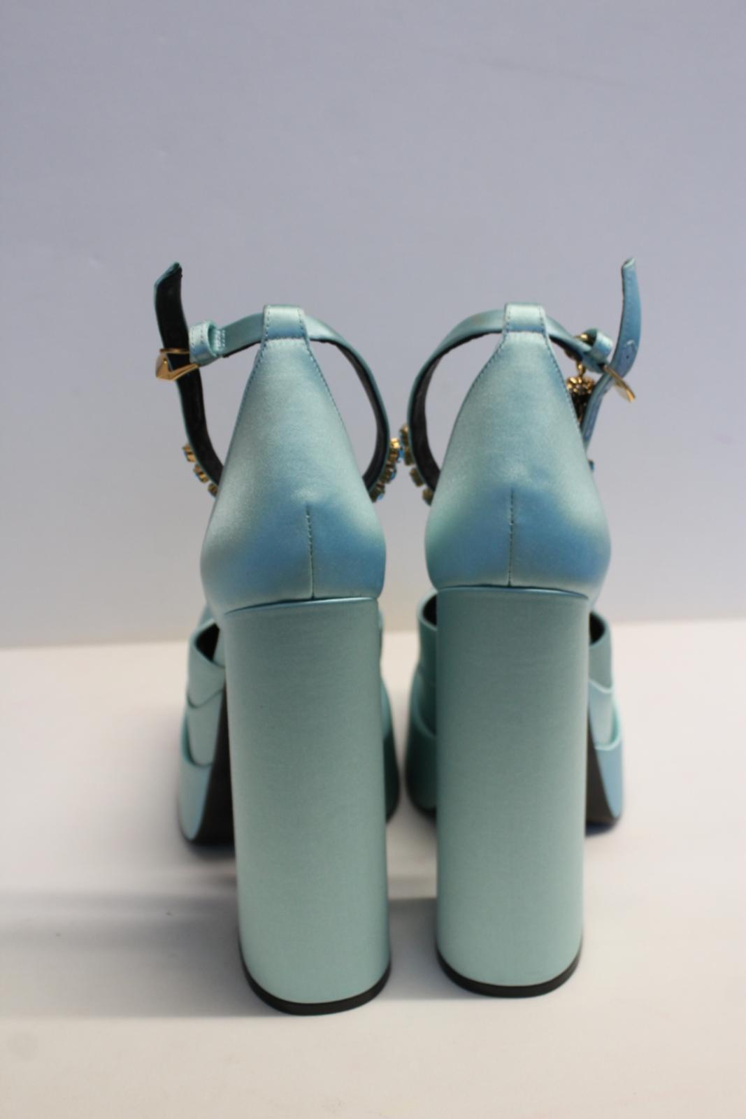 VERSACE Ladies Medusa Aevitas 155 Satin Platform Pumps Light Blue EU37 UK4 NEW