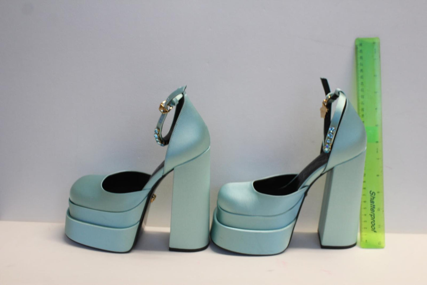 VERSACE Ladies Medusa Aevitas 155 Satin Platform Pumps Light Blue EU37 UK4 NEW