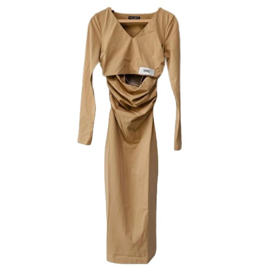 DOLCE & GABBANA Beige Ladies Long Sleeve V-Neck Bodycon Dress Size UK 8 NEW