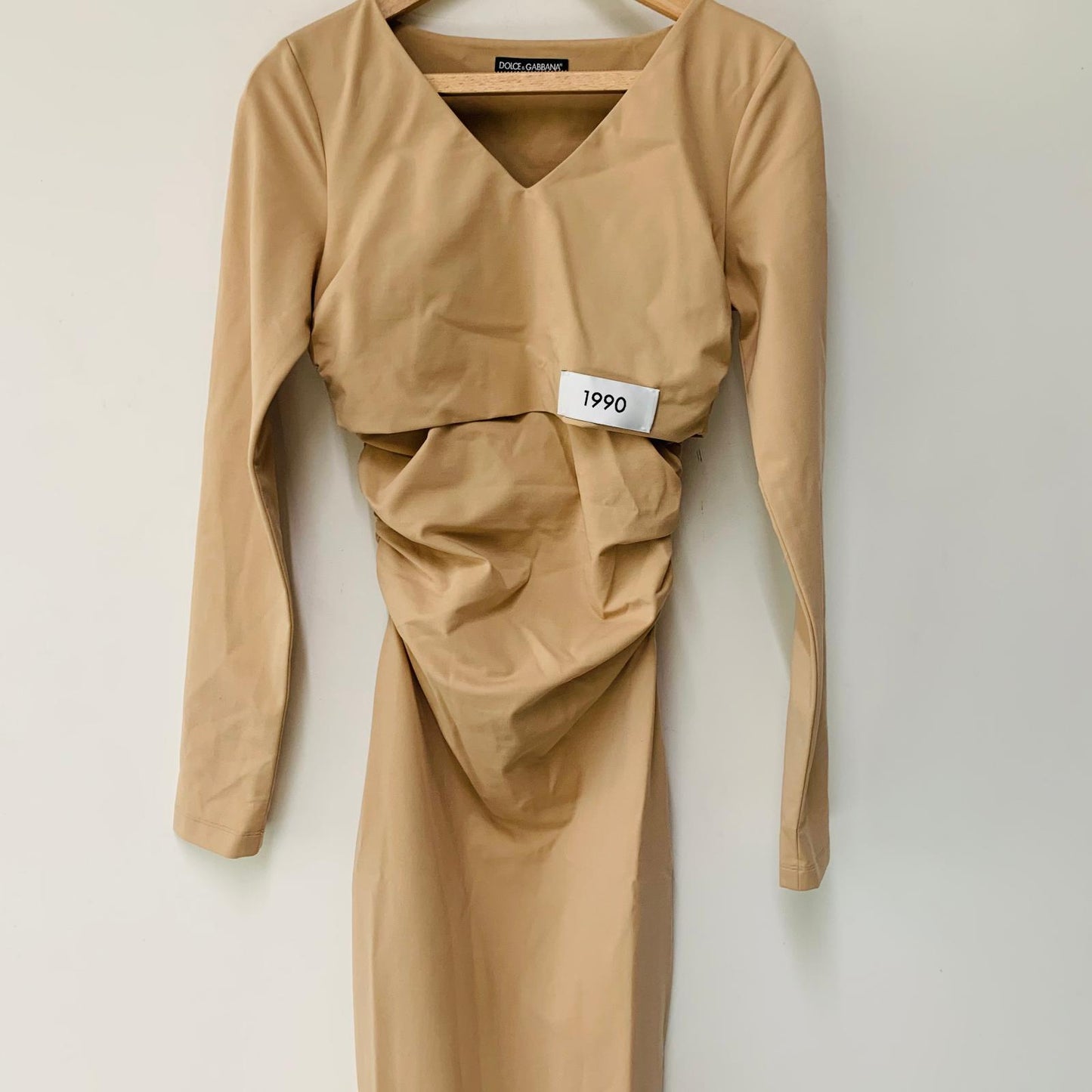 DOLCE & GABBANA Beige Ladies Long Sleeve V-Neck Bodycon Dress Size UK 8 NEW