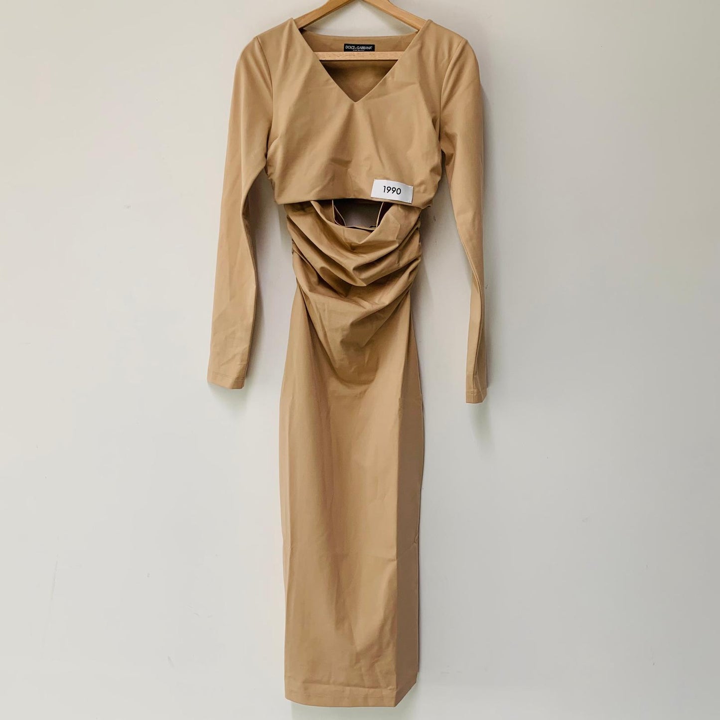 DOLCE & GABBANA Beige Ladies Long Sleeve V-Neck Bodycon Dress Size UK 8 NEW