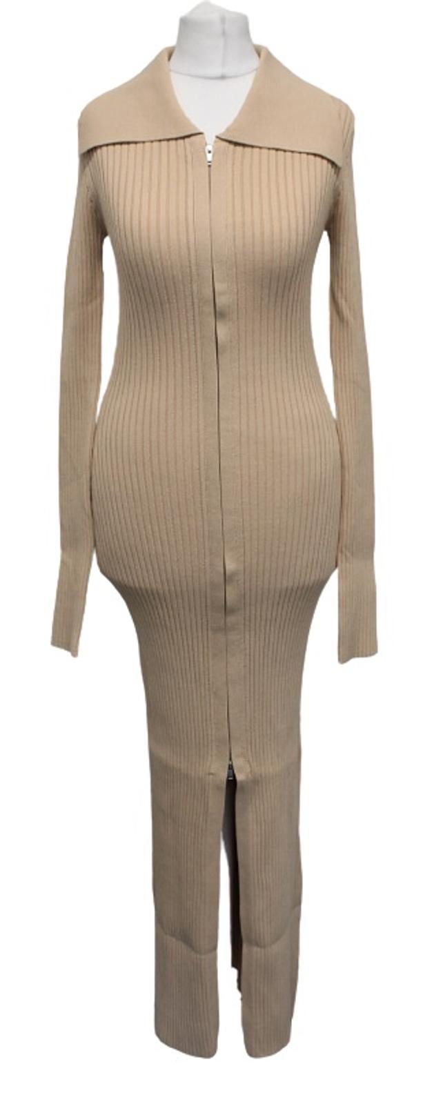 NANUSHKA Ladies Bennie Desert Dust Beige Zip Ribbed Fitted Midi Dress S BNWT