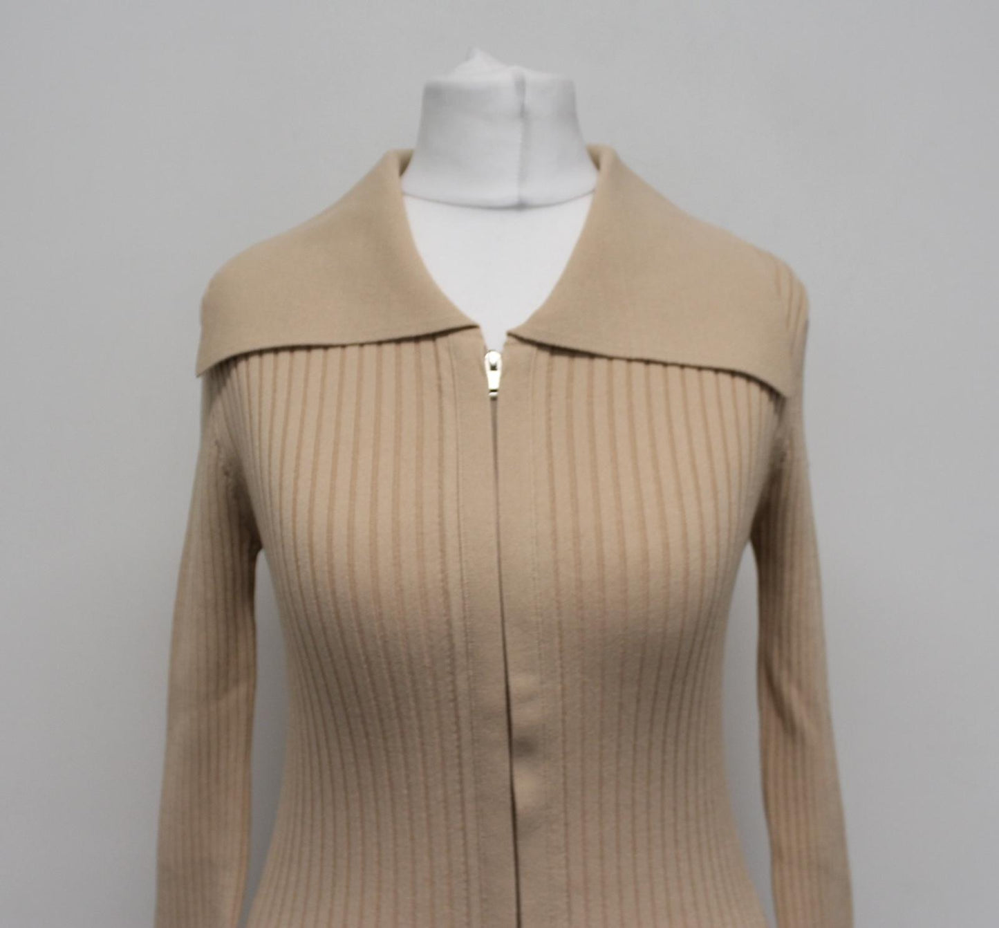 NANUSHKA Ladies Bennie Desert Dust Beige Zip Ribbed Fitted Midi Dress S BNWT