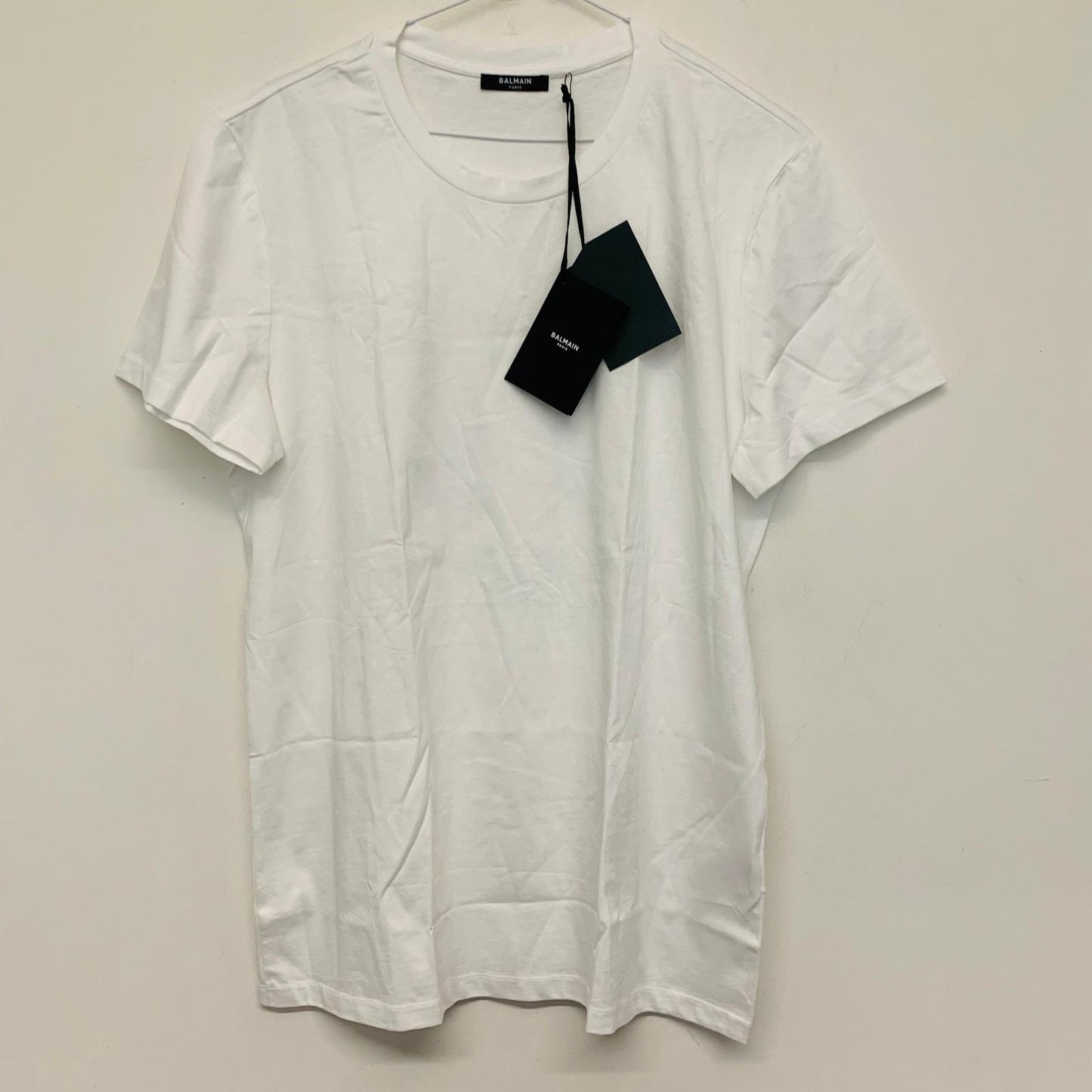 BALMAIN Men's Classic White Flock Small-Logo Tee Cotton T-Shirt Top L NEW