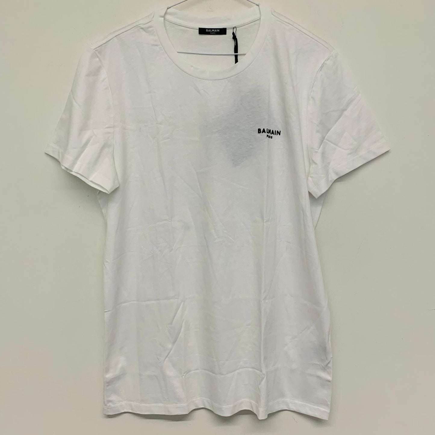 BALMAIN Men's Classic White Flock Small-Logo Tee Cotton T-Shirt Top L NEW