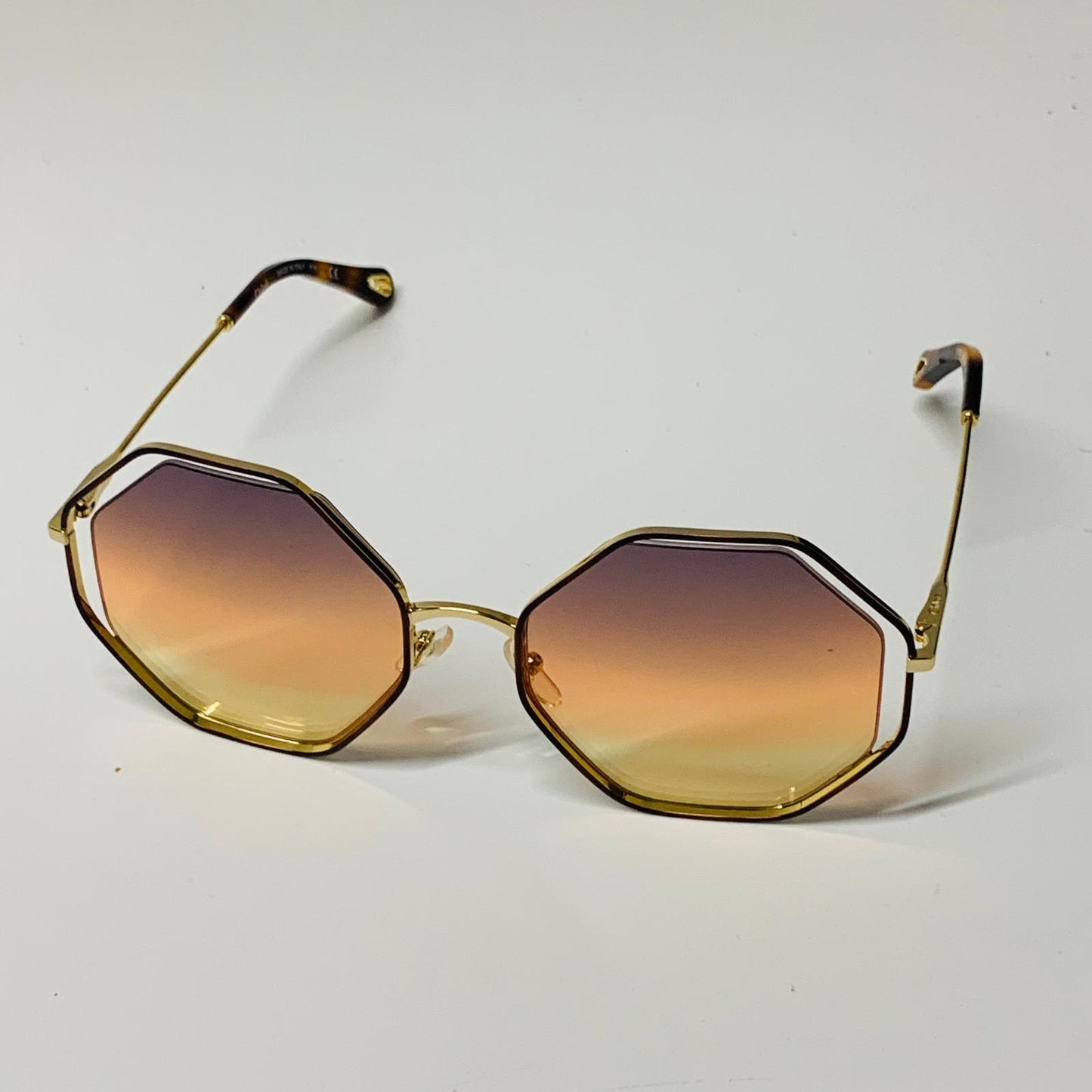 CHLOE Gold Ladies  Geometric Sunglasses Brown Hexagon Poppy Space NEW