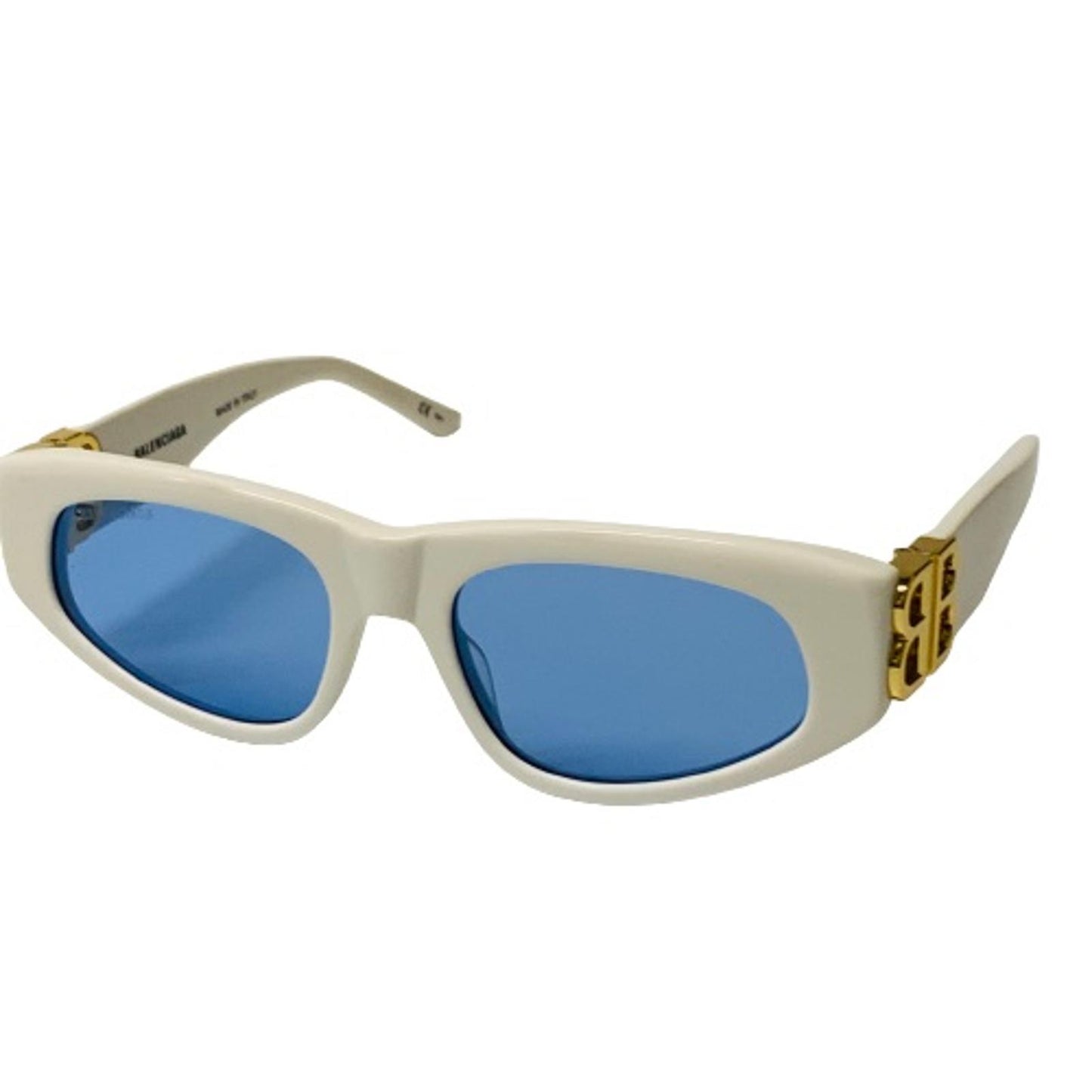 BALENCIAGA Gold Ladies  Cat Eye Sunglasses White Blue Lens Gold Logo NEW