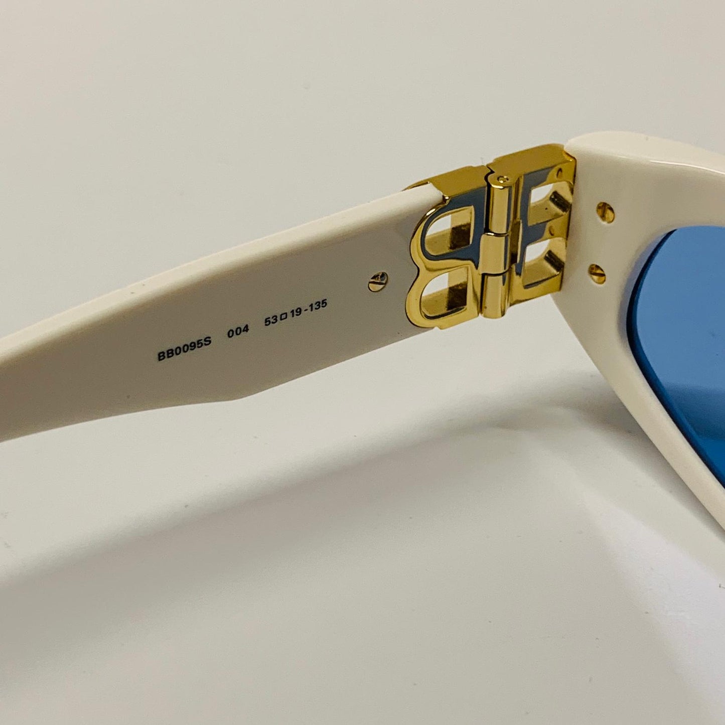 BALENCIAGA Gold Ladies  Cat Eye Sunglasses White Blue Lens Gold Logo NEW